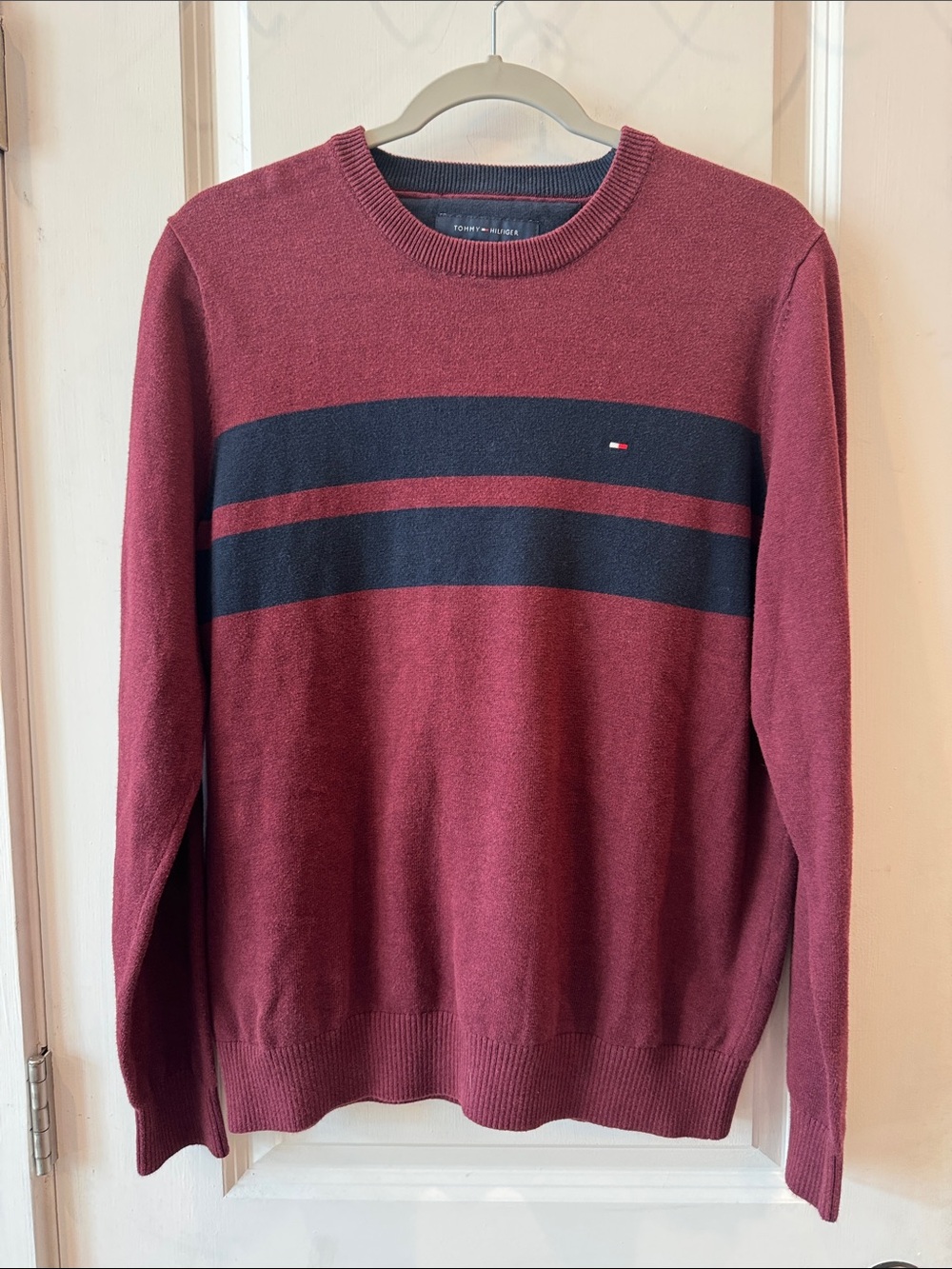 Tommy Hilfiger Men's Burgundy Crewneck Sweater with Navy Stripe